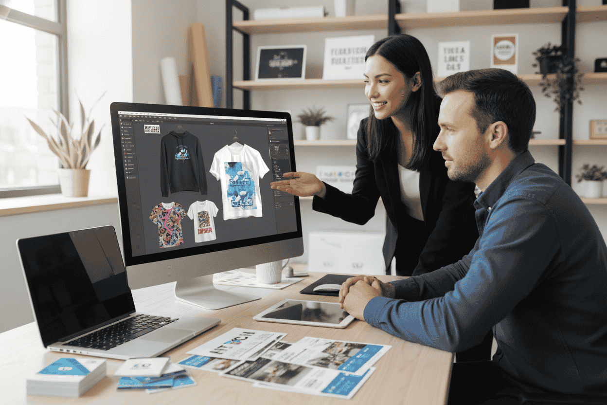 Customer service representative assisting a client with design options on a computer screen
